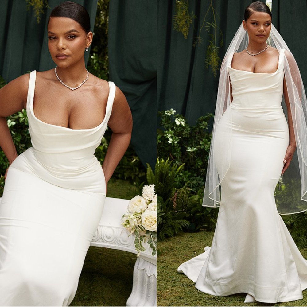 HOUSE OF CB 'Emilie' Off White Satin Mermaid Bridal Gown NWOT - Picture 9 of 16